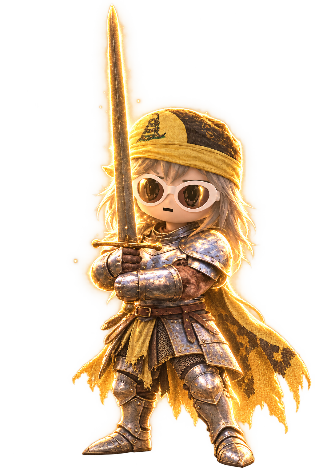 Alon, a tiny armored knight holding a glowing sword